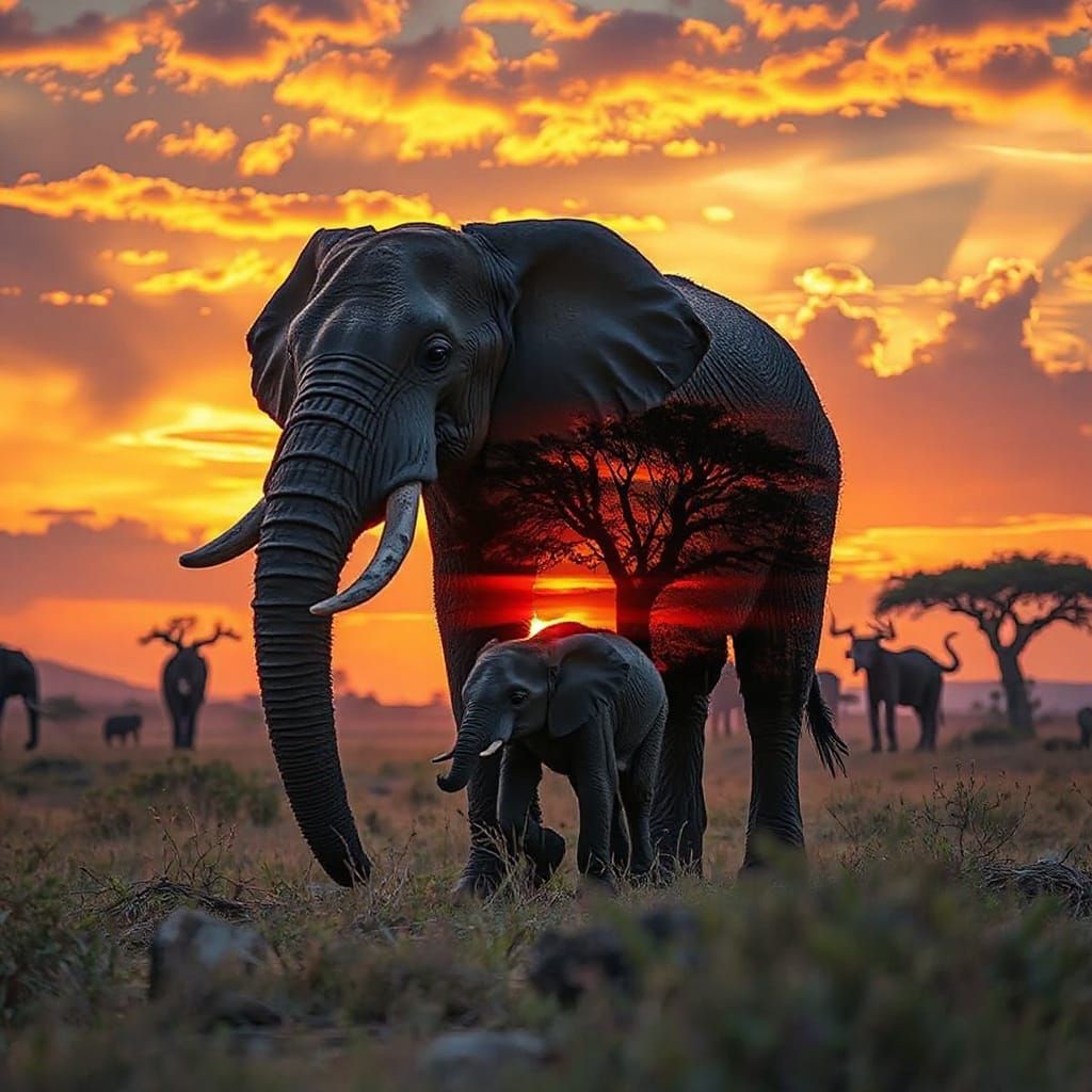Elephant in Sunset Savanna with Baby Elephants
