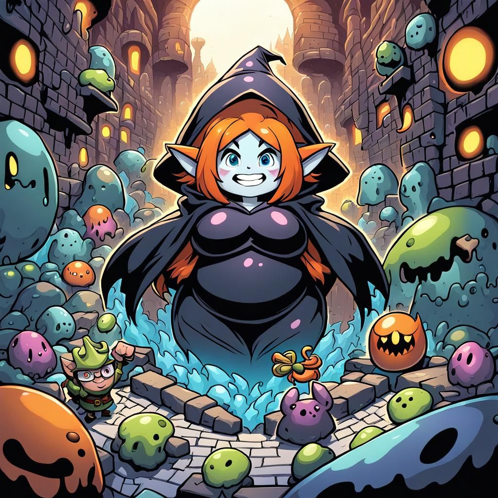 Curvy Elf Wizard in Whimsical Dungeon Cartoon