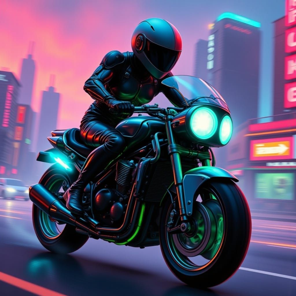 Speeding on a Futuristic Motorcycle in a Neon-Lit Cityscape