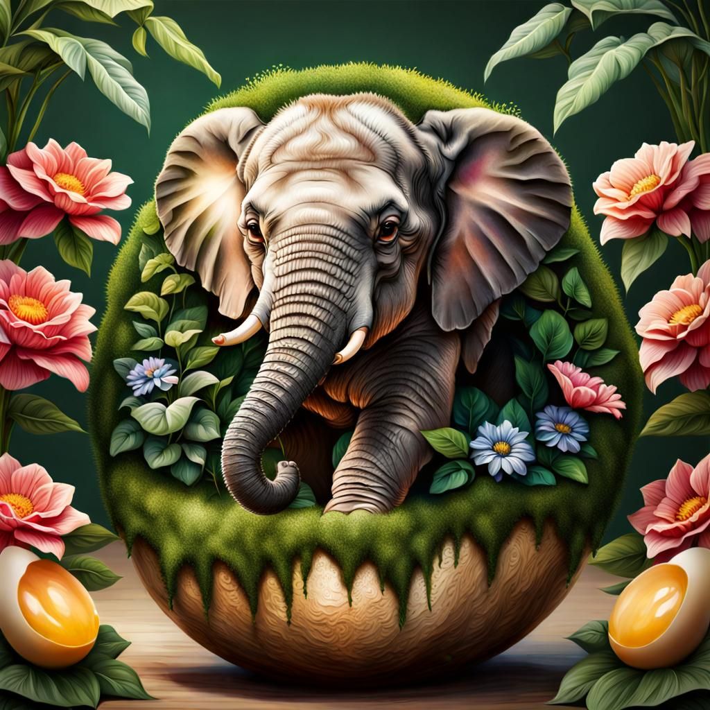 Baby Elephant Emerges from Egg in Lush Paradise