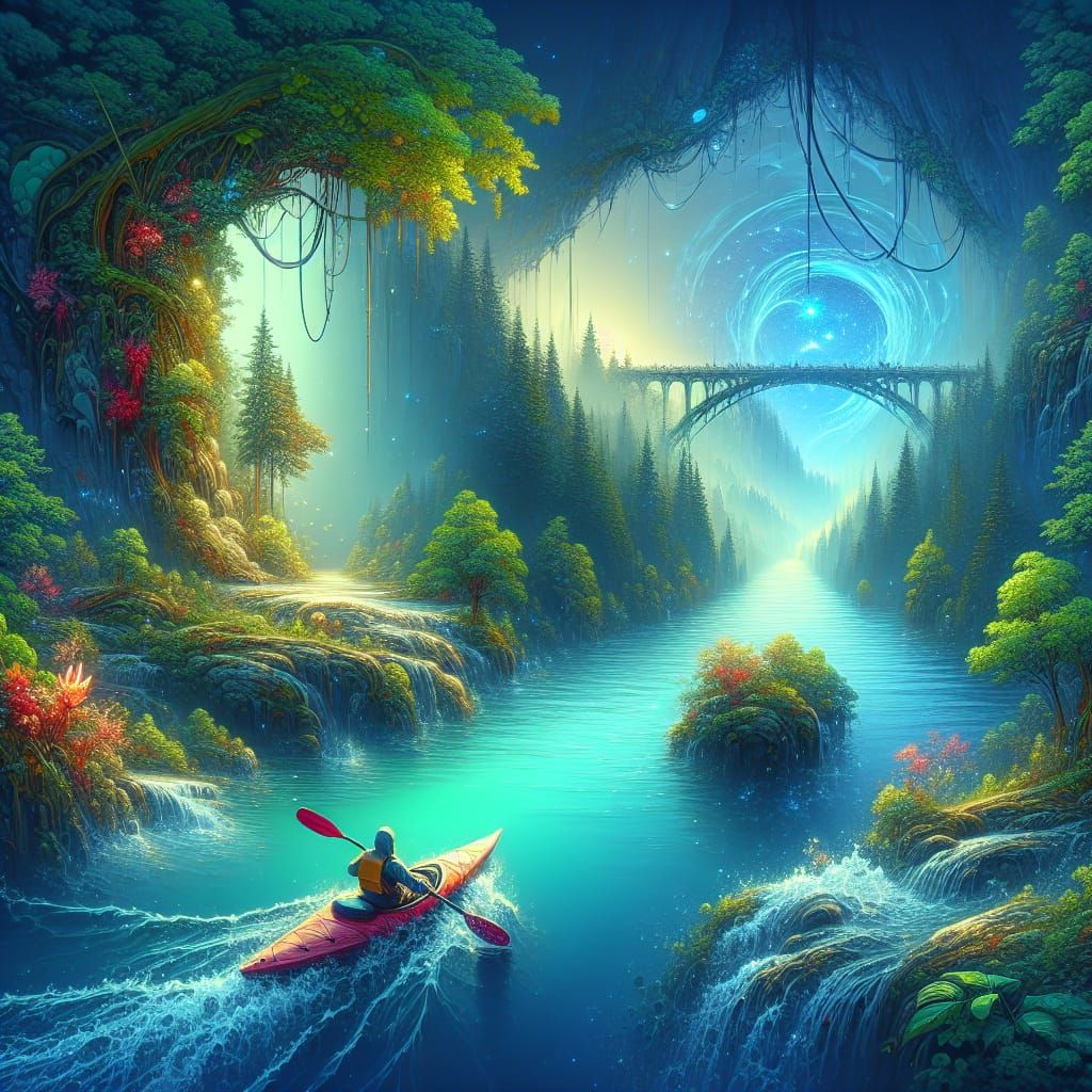 Kayaker in Fantasy River Gorge, Vector Art