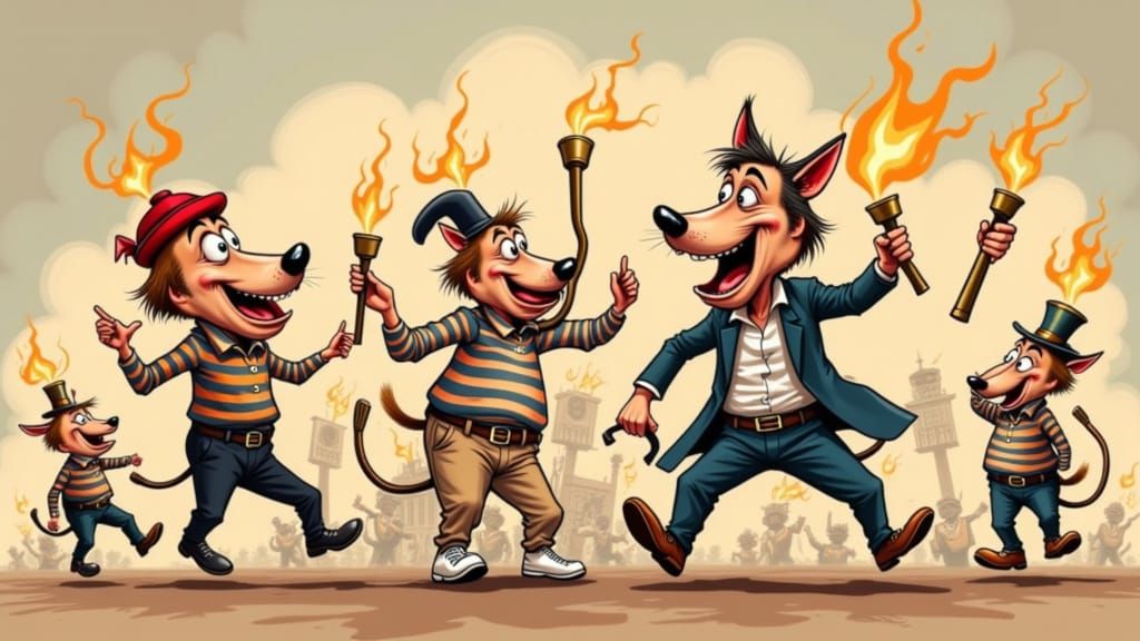 French Dogs Juggling in Caricature Style