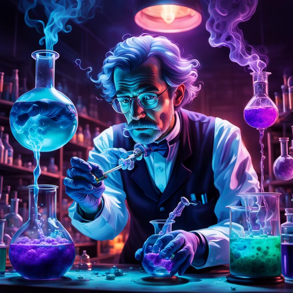 Surreal Scientist Mixing Colorful Liquids in Beaker