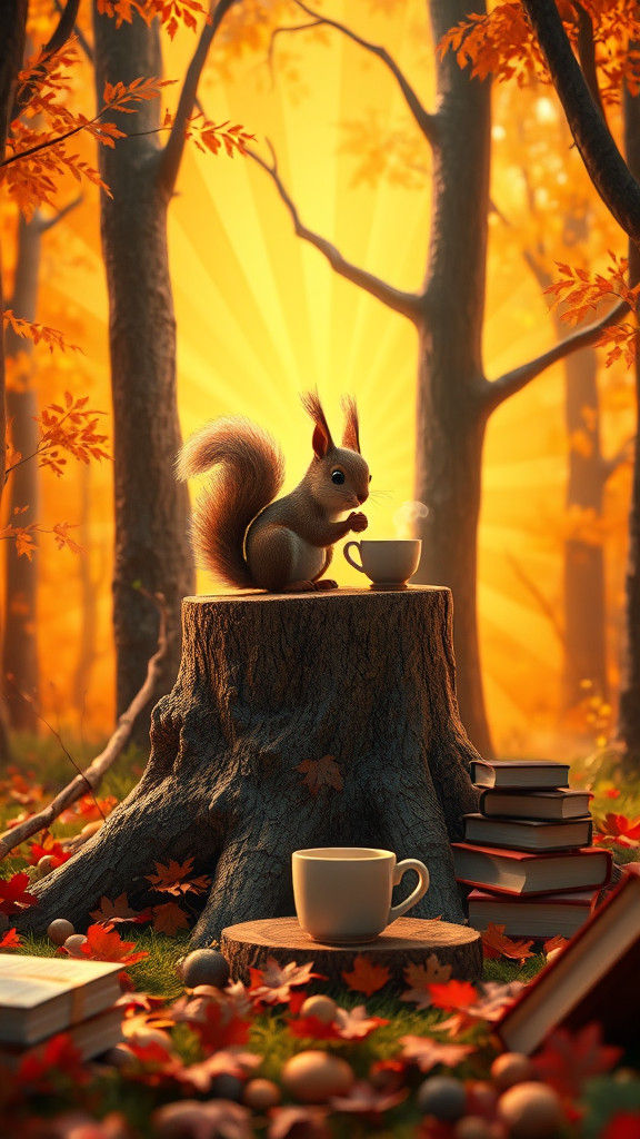 Enchanting Autumn Forest Scene with Squirrel and Tea