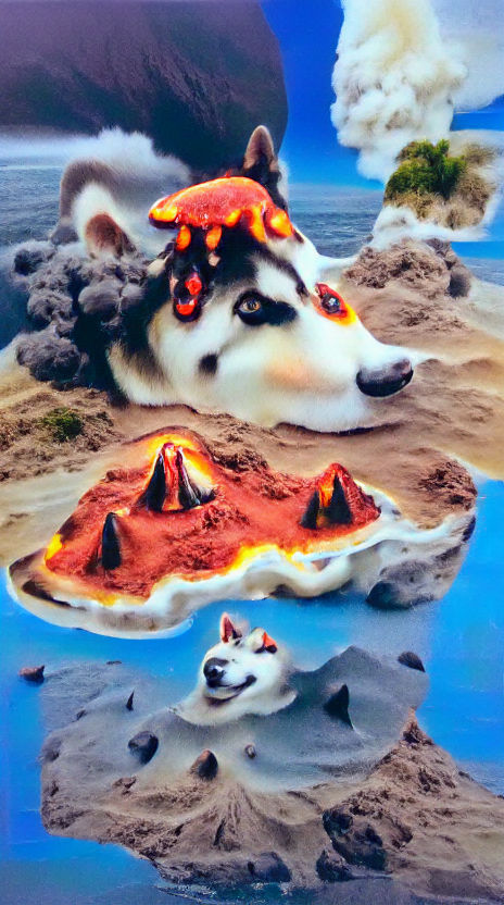 Husky Volcano Eruption with Alien Invasion in Surreal Style