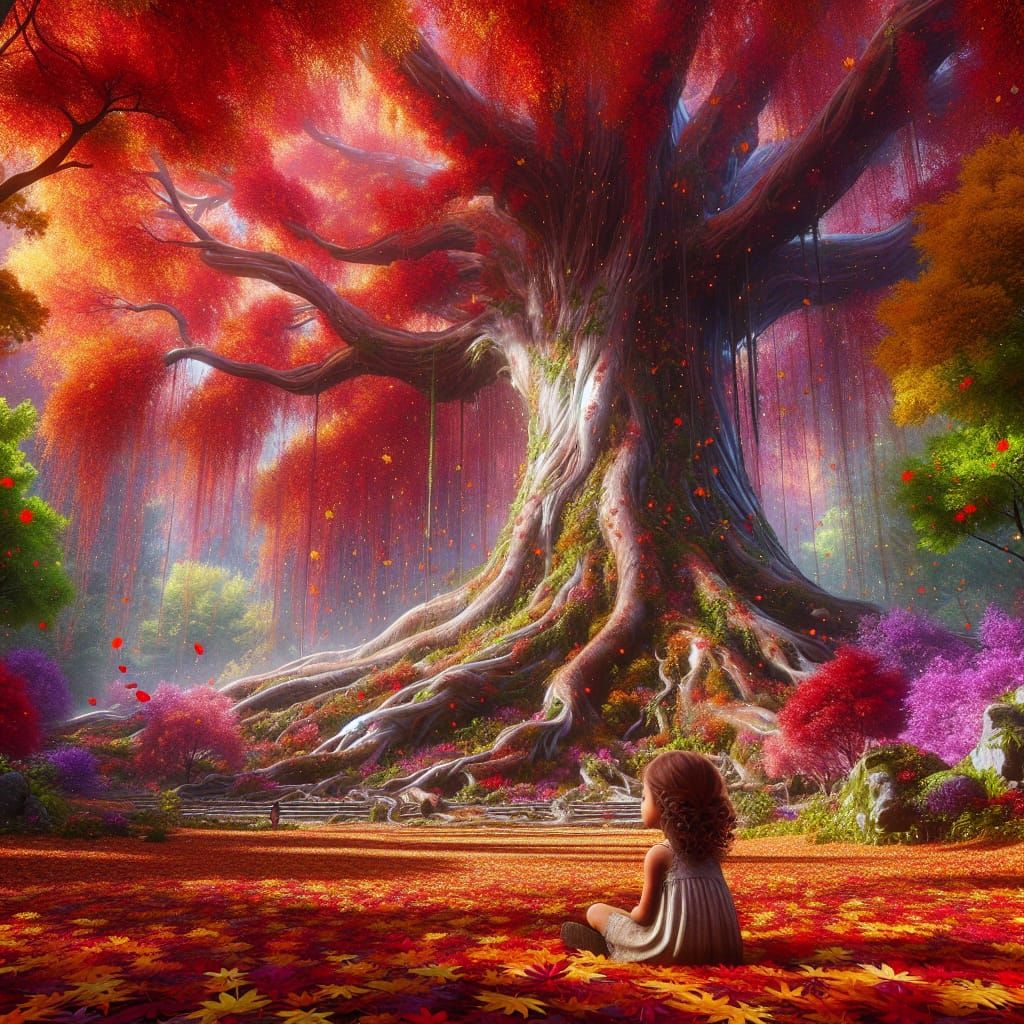 Little Girl Under Giant Maple Tree: Fantasy Concept Art
