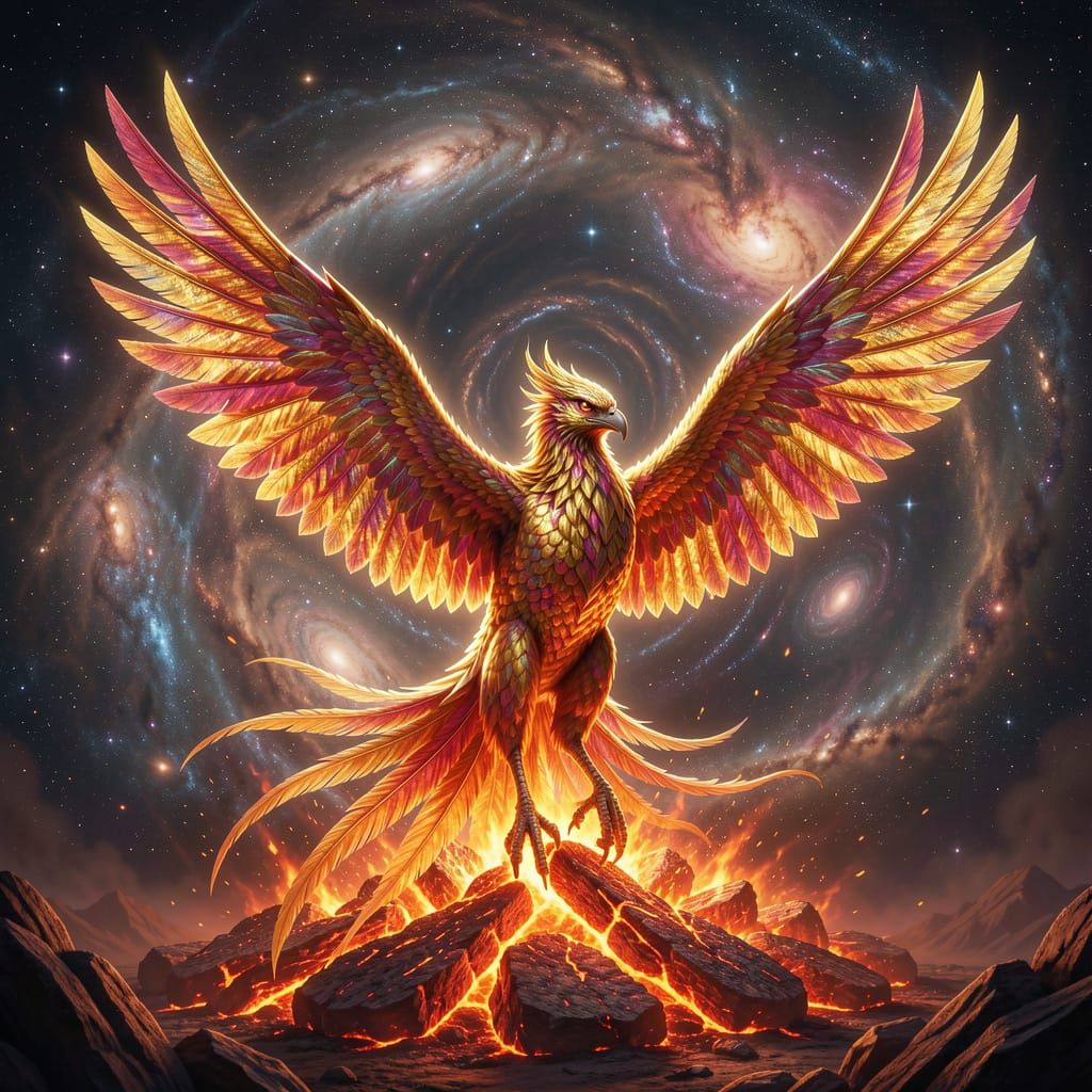Majestic Phoenix Rises From Embers in Cosmic Fantasy Art
