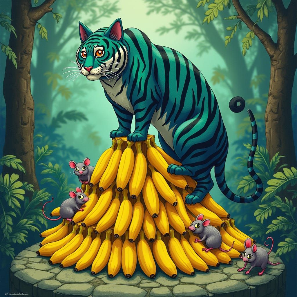 Majestic Bengal Tiger Reigns Over Jungle Banana Throne