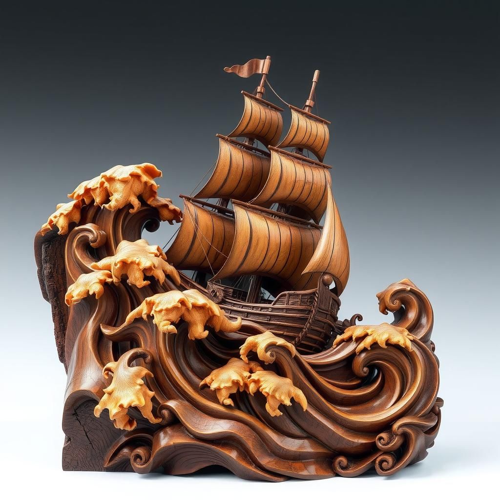 Ocean Scene Wood Carving in Ornate Style