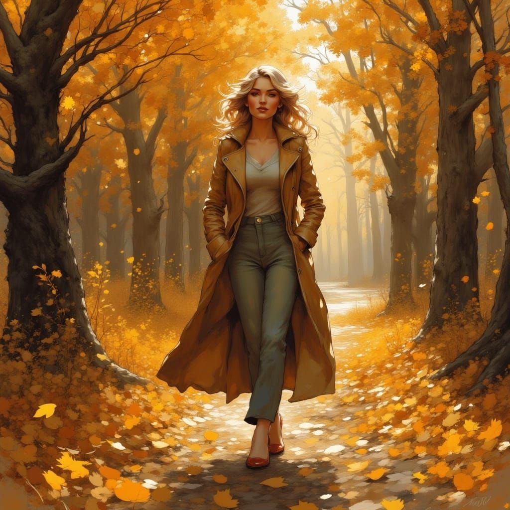 Elegant Autumn Woman Admiring Fall Foliage in Oil Painting S...