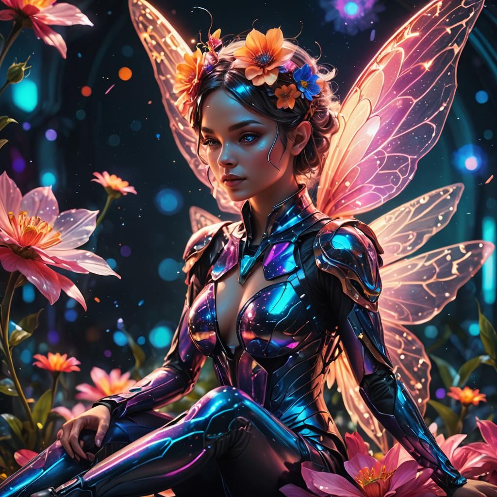 Futuristic Fairy on Blooming Flower in Sci-Fi Style