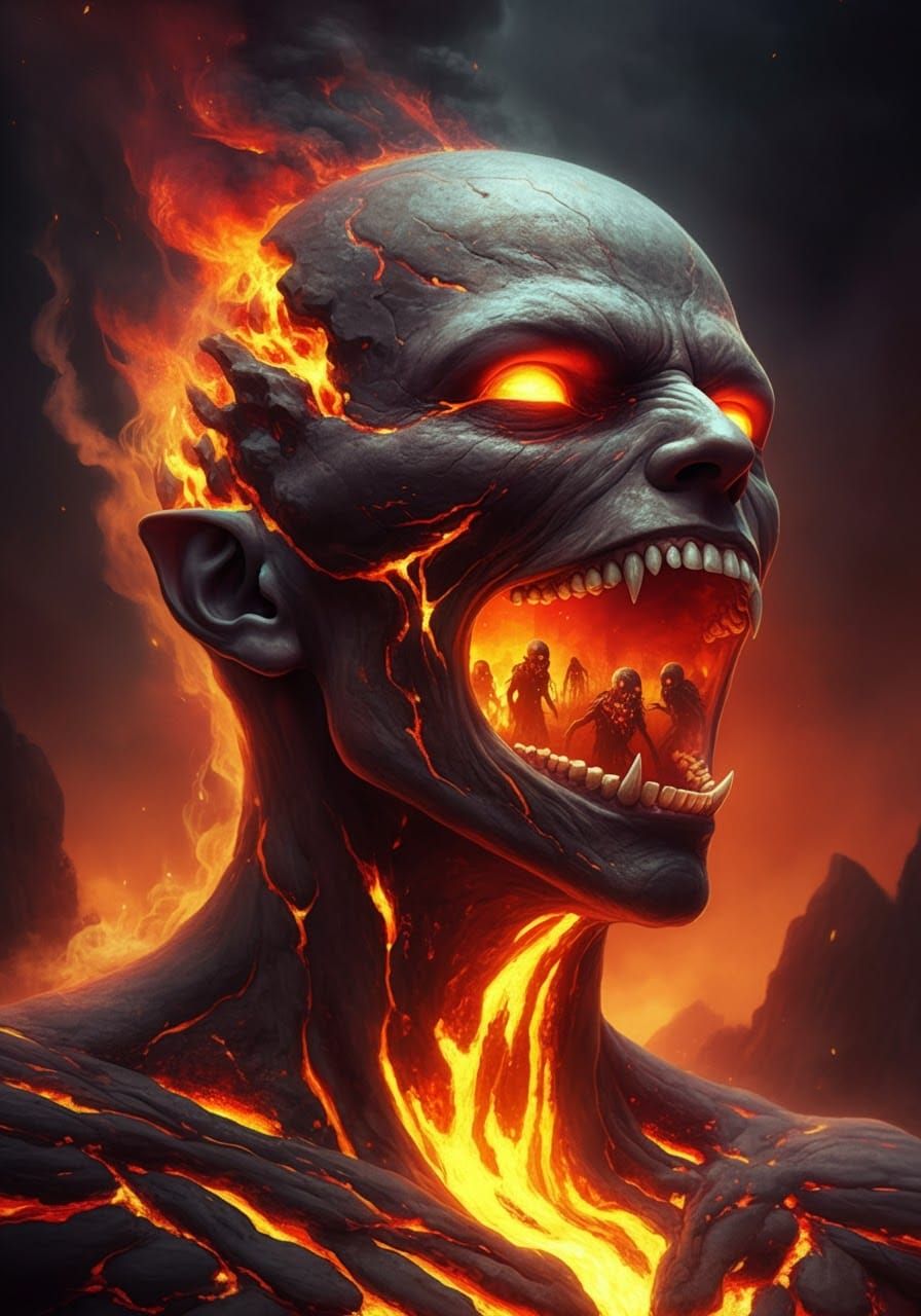 Screaming Demon Beast Head Reveals Burning Hell