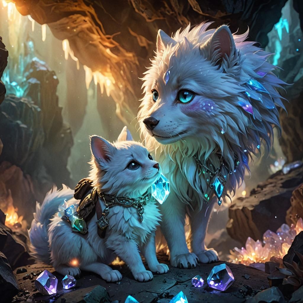 Furry Adventurer in Bioluminescent Crystal Cavern