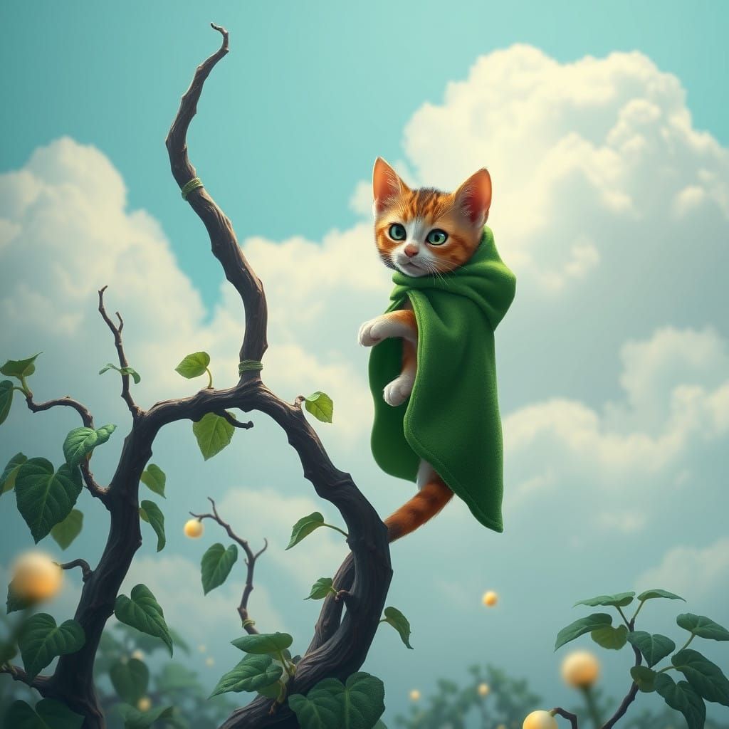 Whimsical Kitten Ascends Emerald Beanstalk