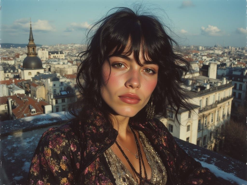 Woman on Paris Rooftops in Alphonse Mucha Style