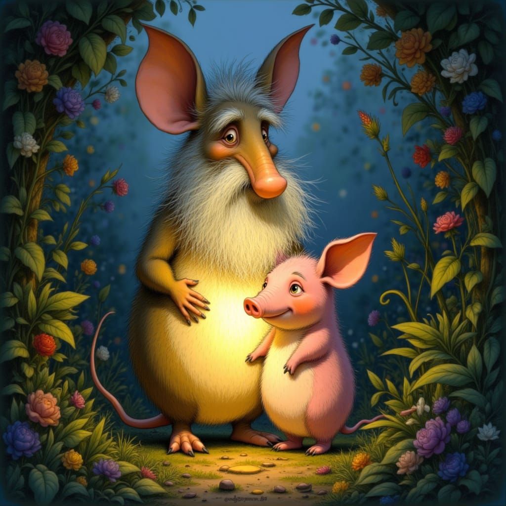 Whimsical Aardvark Holds Heart-Piglet in Garden