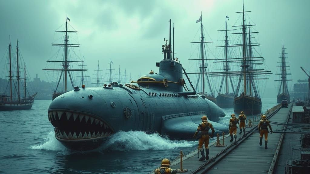 Steampunk Shark Submarine Enters Victorian Port