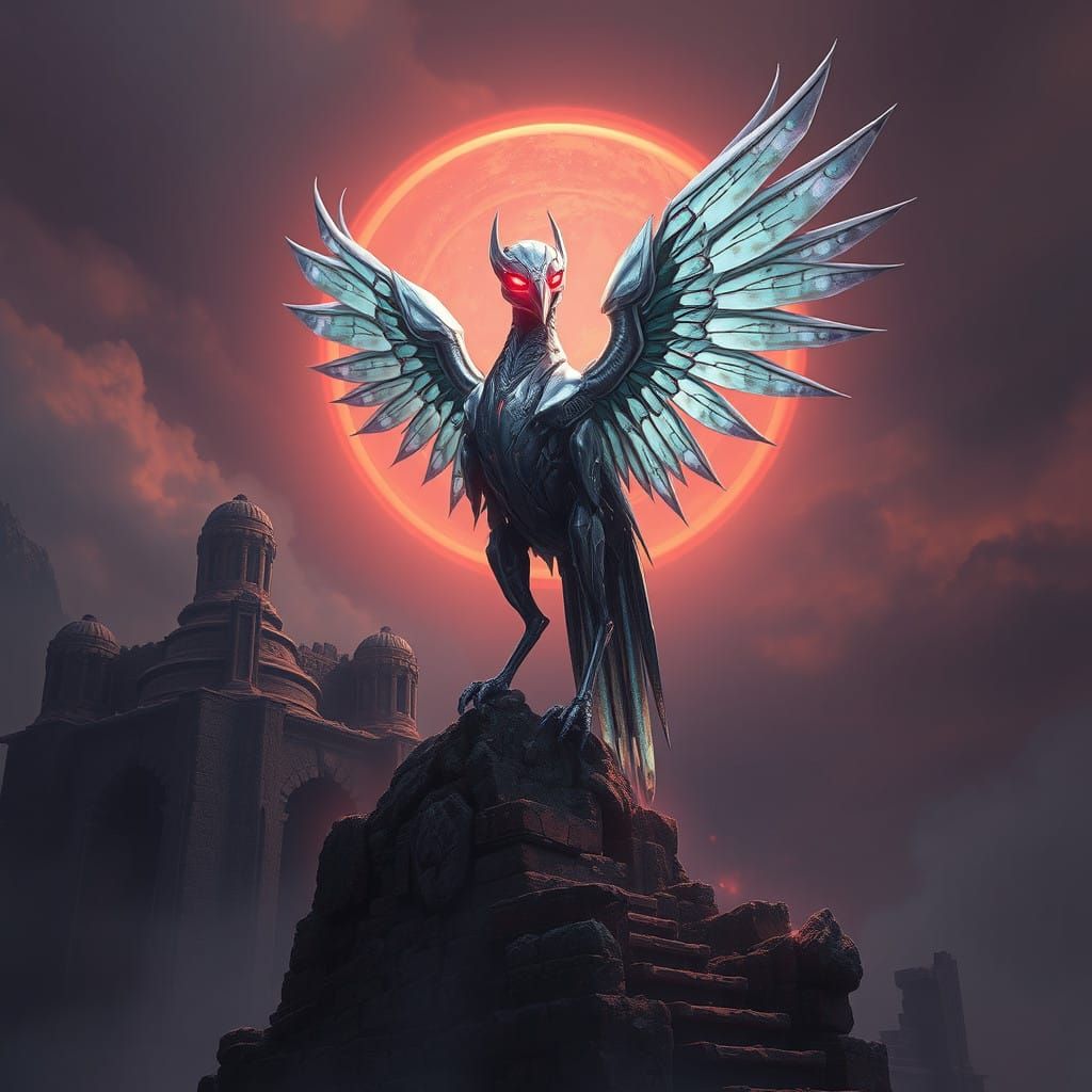 Majestic Robot Harpie in Fantasy Ruin Landscape