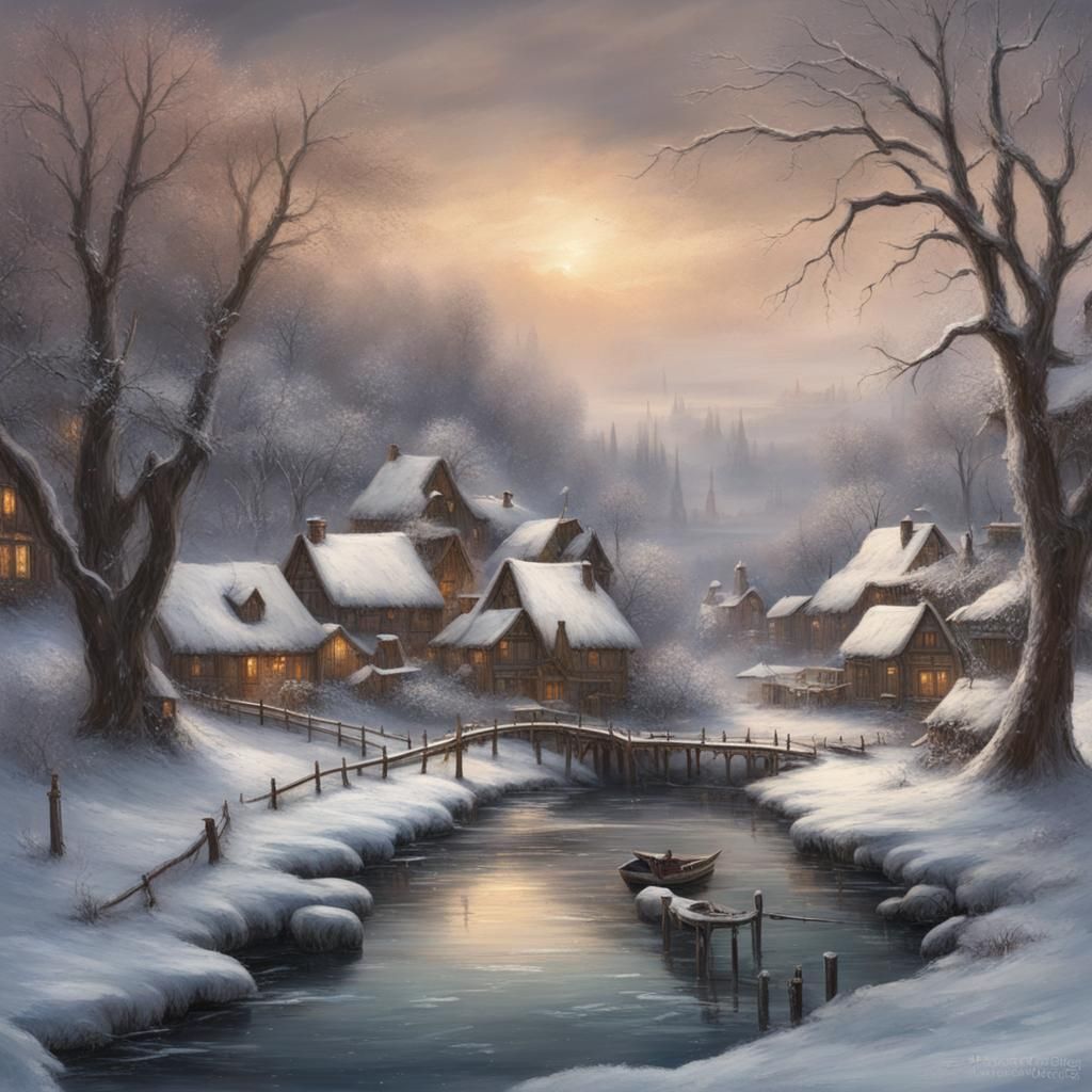 Winter Village Along a Frozen River