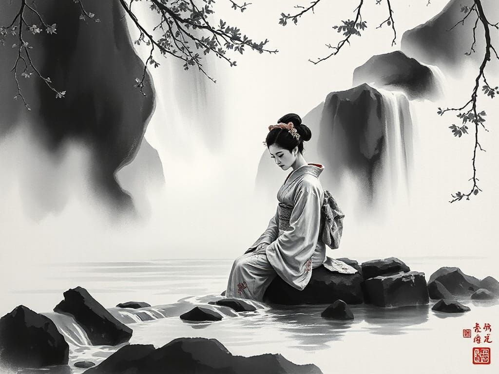 Geisha by Waterfall in Sumi-e Style