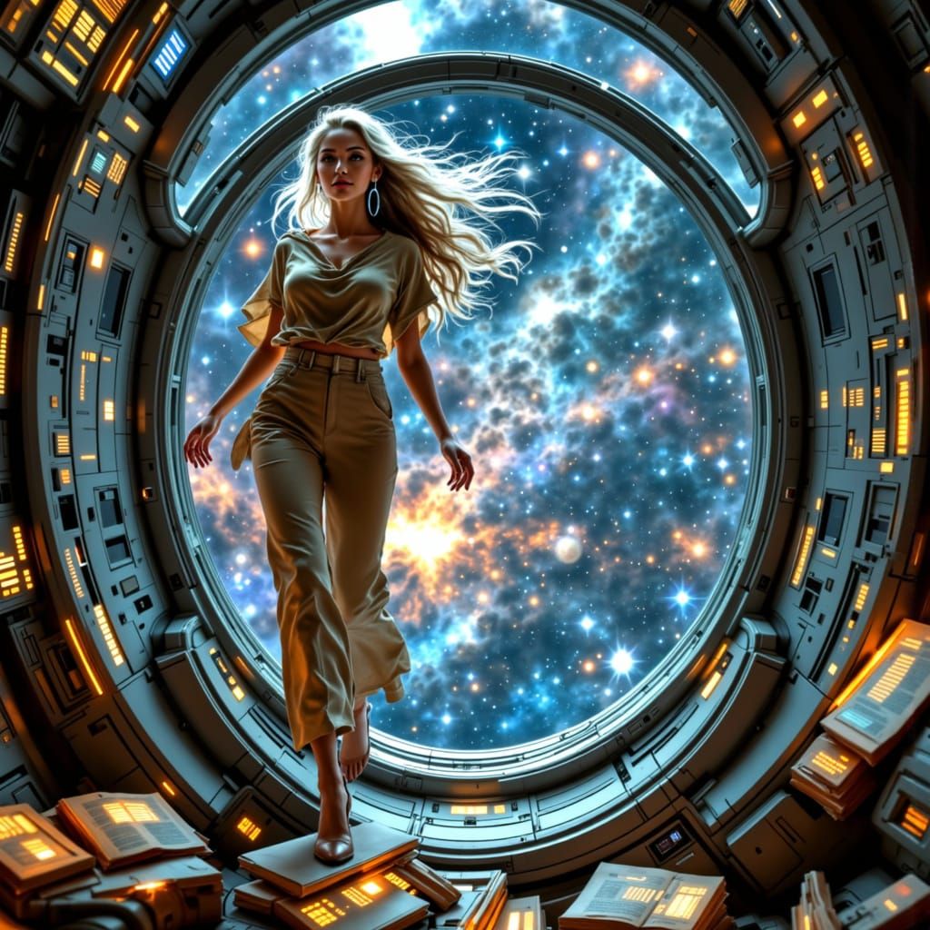 Celestial Librarian in Neptune's Rings, Art Nouveau Style