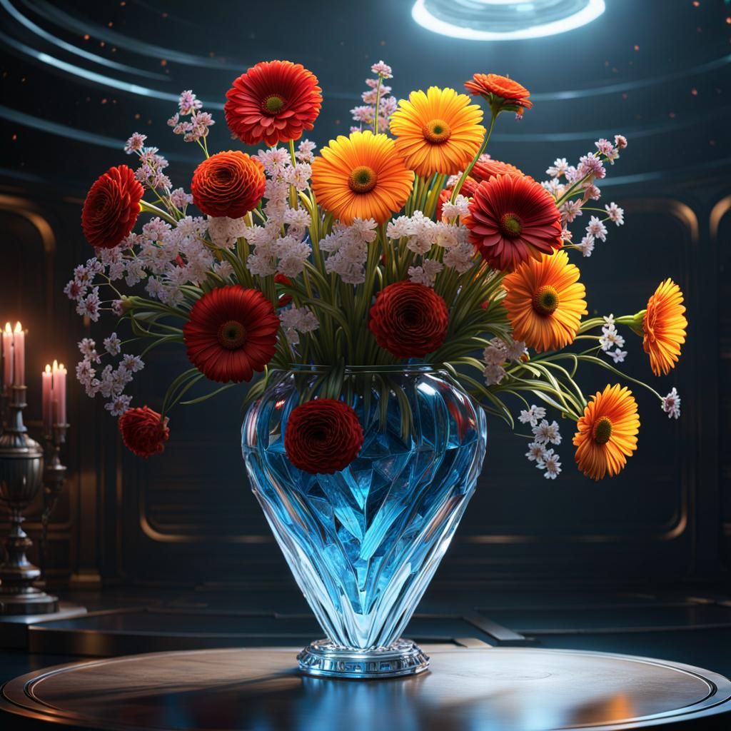 Fantasy Sci-Fi Vase of Elemental Flowers in Space