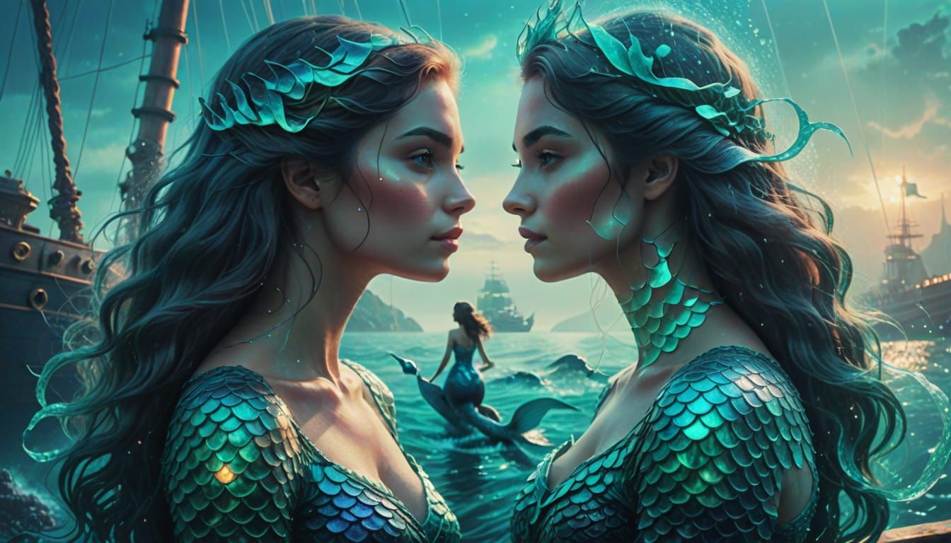 Mermaid Meets Sailor in Vibrant Fantasy Scene