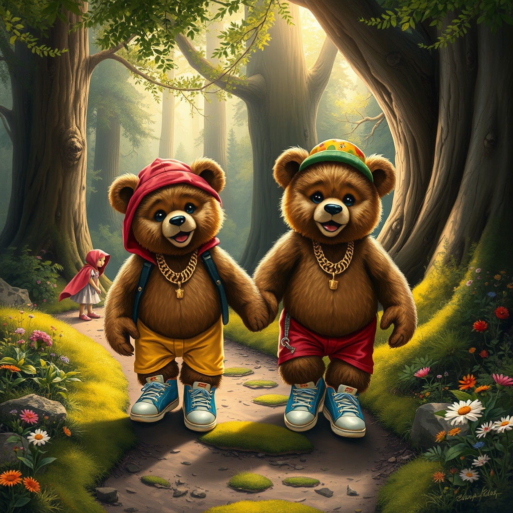Teddy Bears' Forest Walk: Vibrant Oil Painting