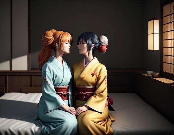Female Kitsune Intimacy in Manga-Inspired 3D Anime Art