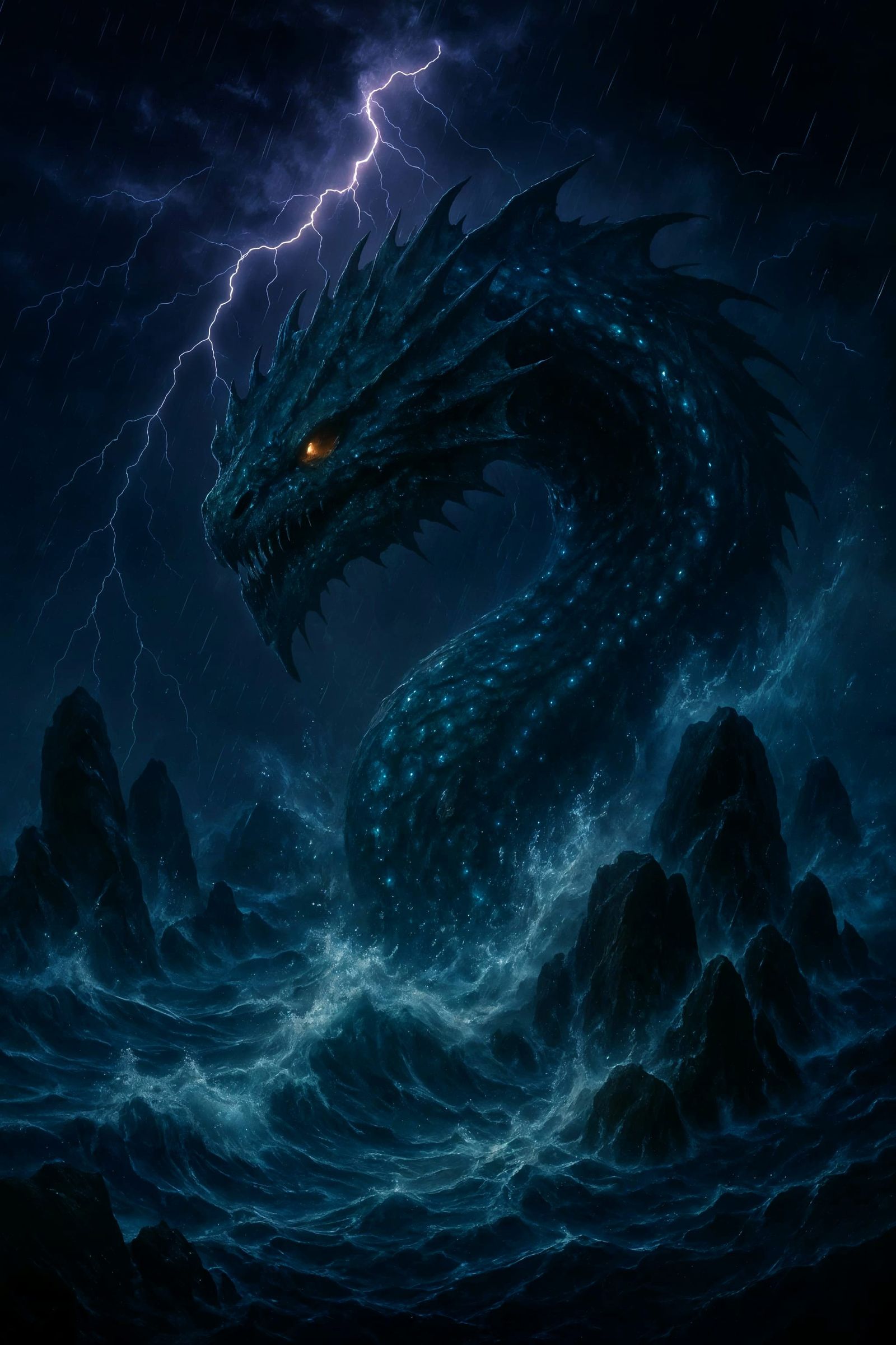 Bioluminescent Leviathan Emerges from Stormy Sea