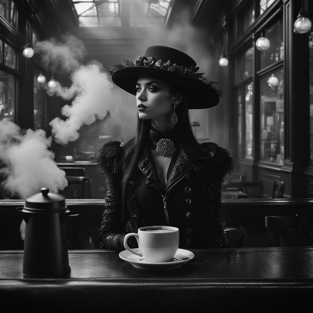 Goth Model in Coffee Shop: Grainy Black and White Photograph...