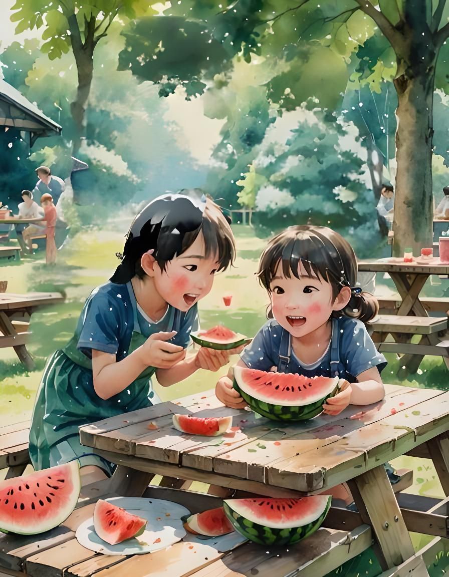 Adorable Children Enjoying Watermelon, Watercolor Ghibli Sty...