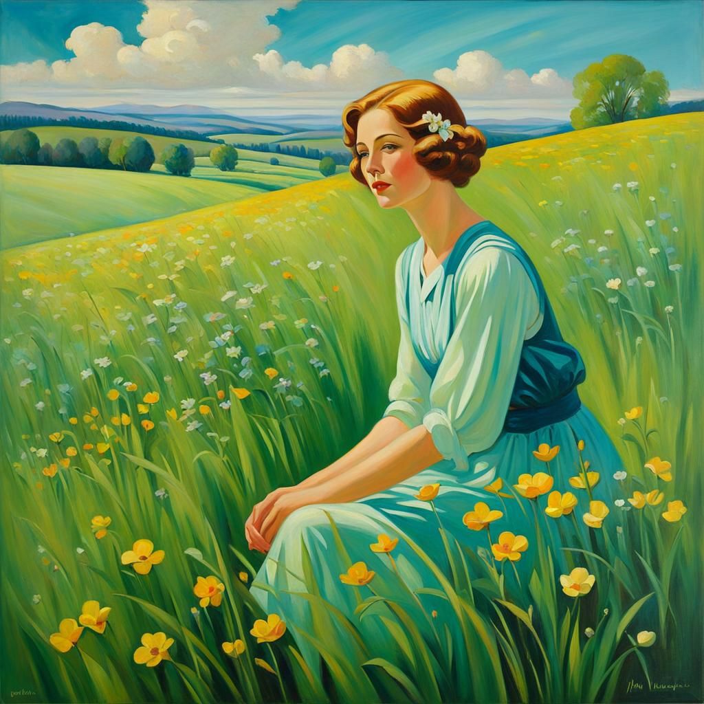 Woman in Meadow: Art Deco Oil Painting