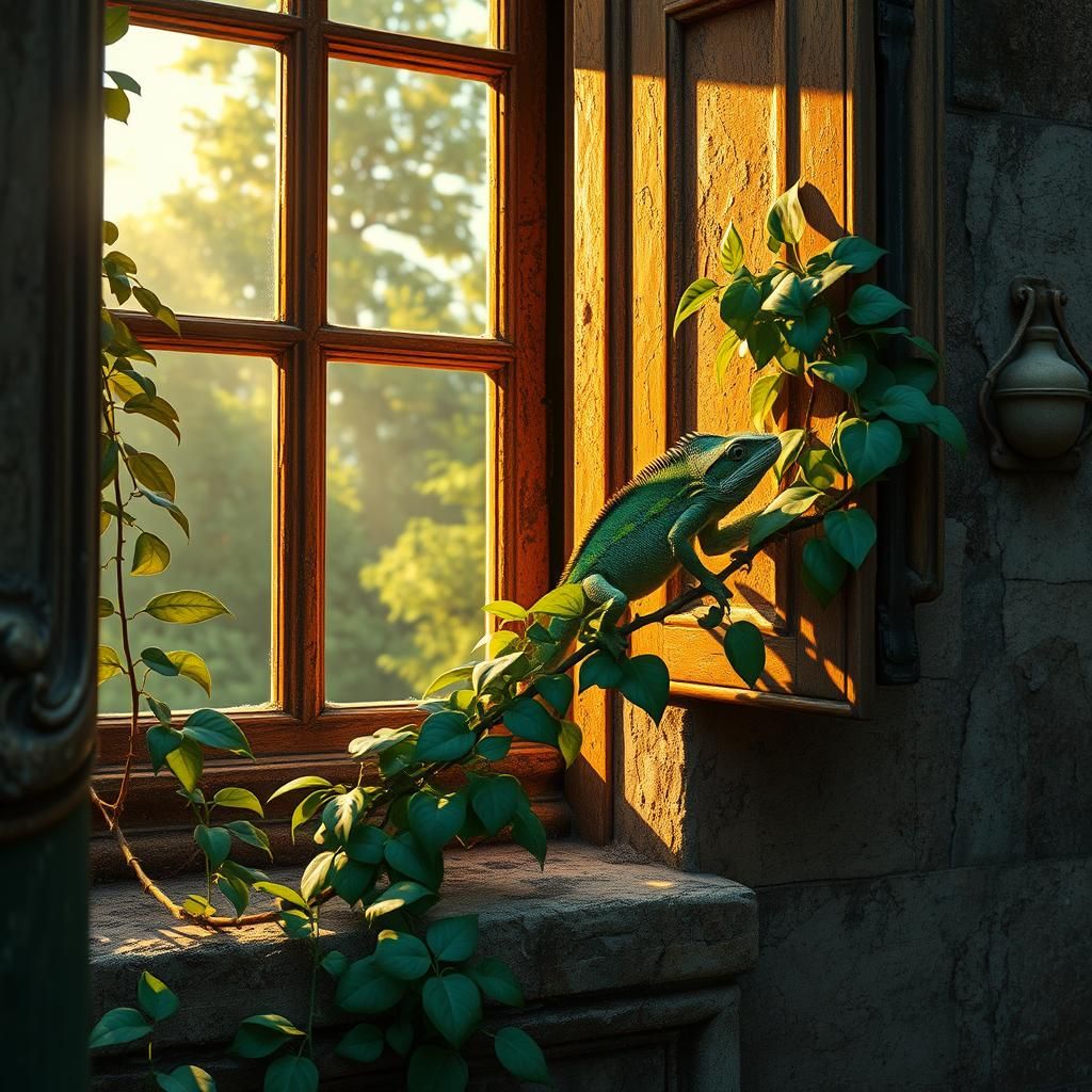 Chameleon on Windowsill in Surrealist Style