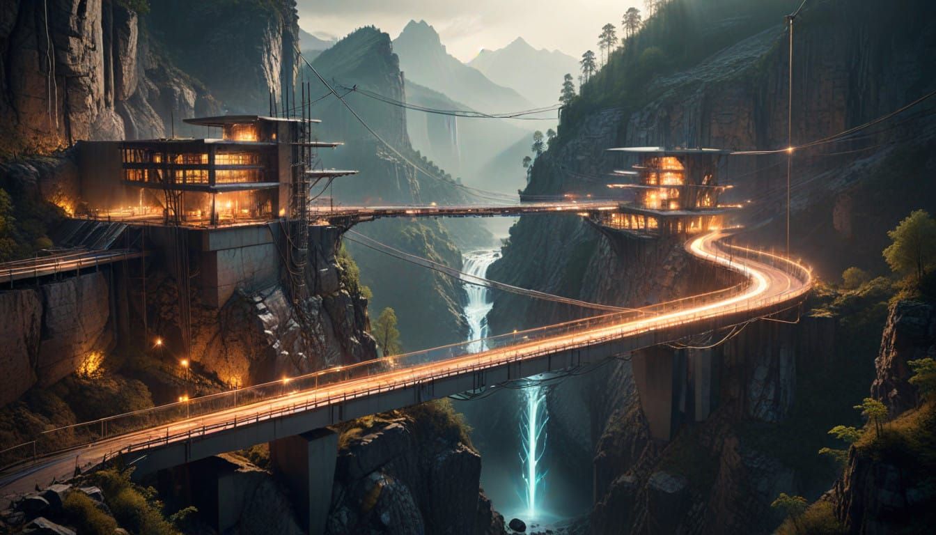 Cyberpunk Bauhaus Metal Landscape with Flickering Light