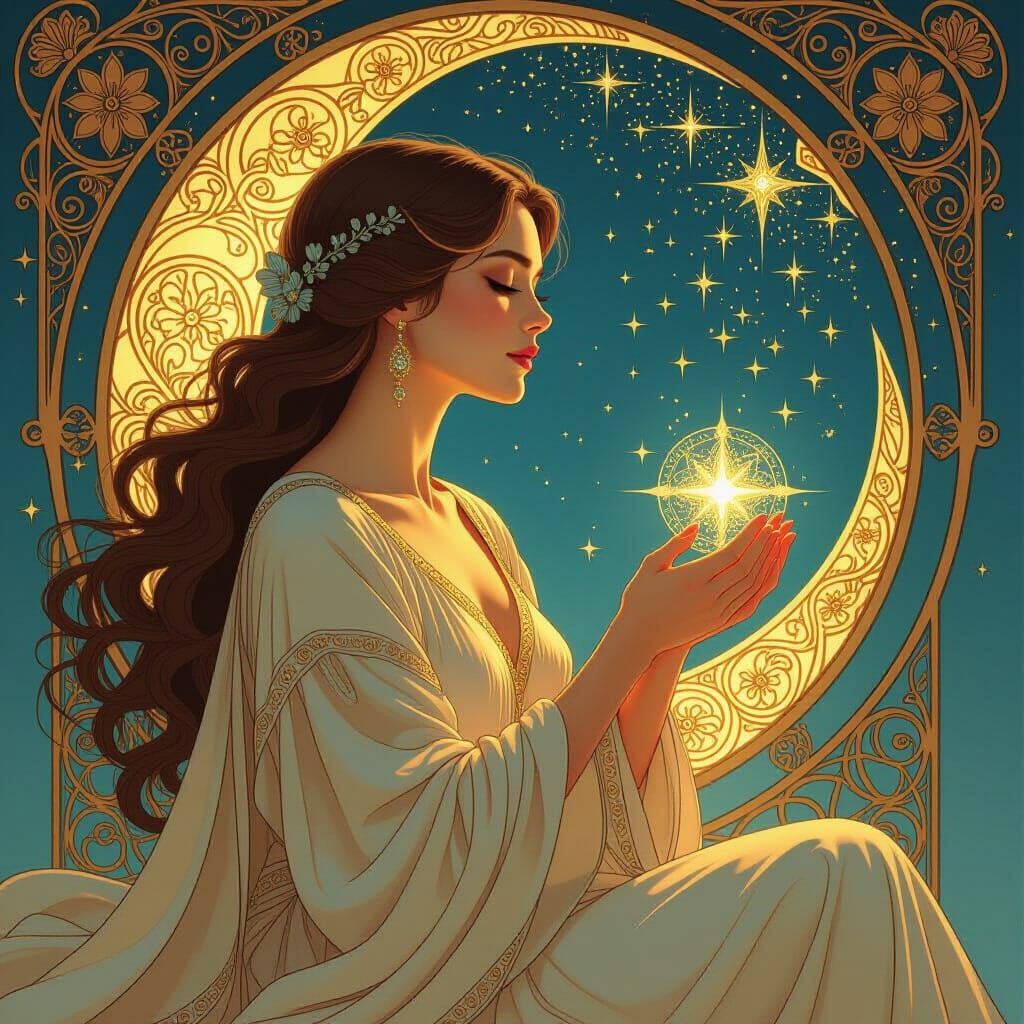 Art Nouveau Tarot Card: Serene Woman and Stardust
