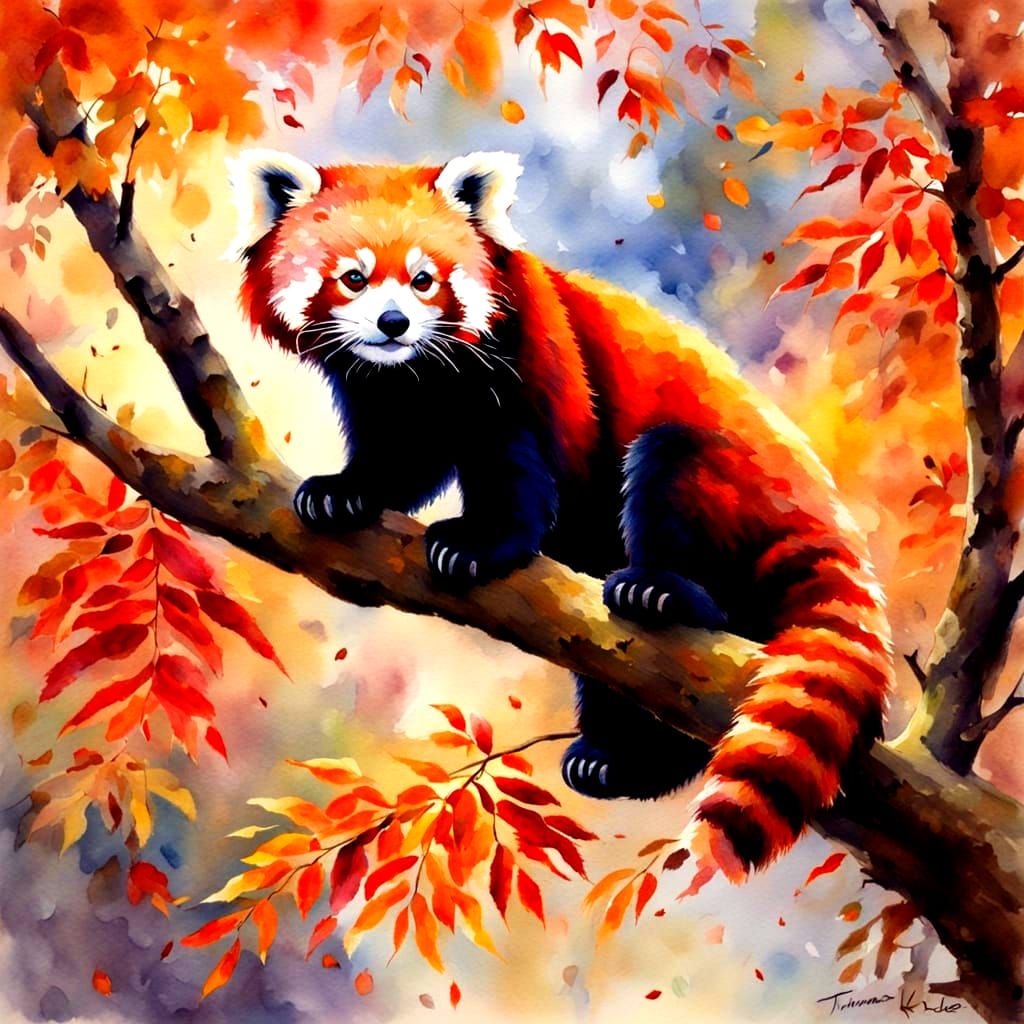 Red Panda in Autumn Tree, Watercolor Style