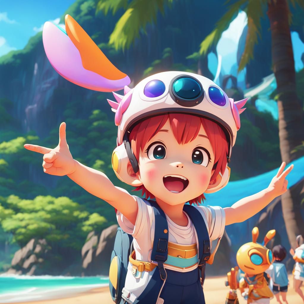 Alien Child Laughing at Confused Tourists: 3D Anime Art