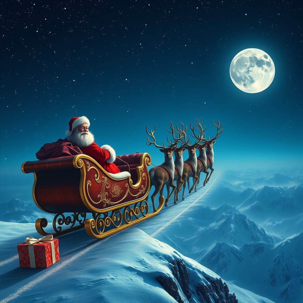 Santa Claus in a Majestic Moonlit Sleigh Ride
