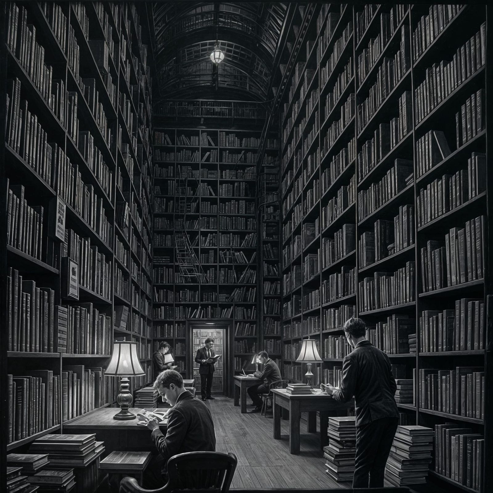 Surrealist Study of Midnight Scholars in a Gigantic Library