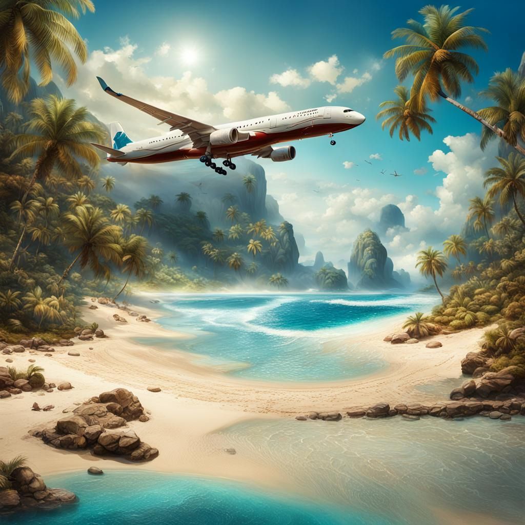 Tropical Beach with Approaching Plane, Detailed Matte Painti...