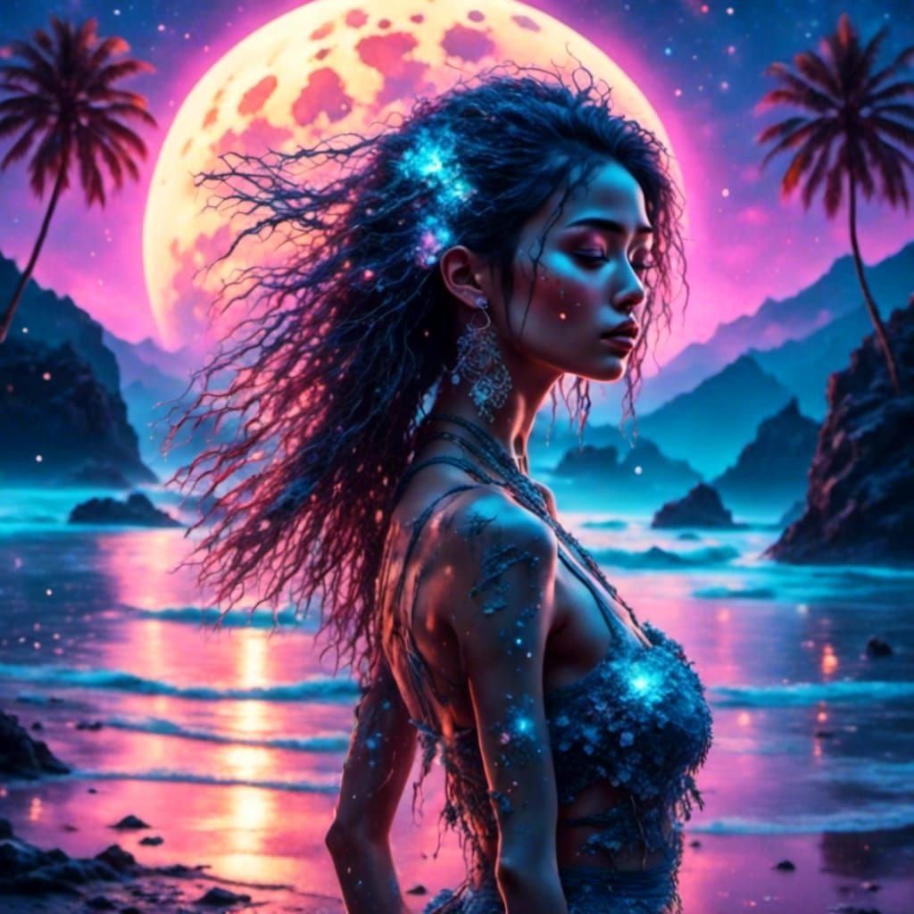 Cyberpunk Girl Dancing on Bioluminescent Beach