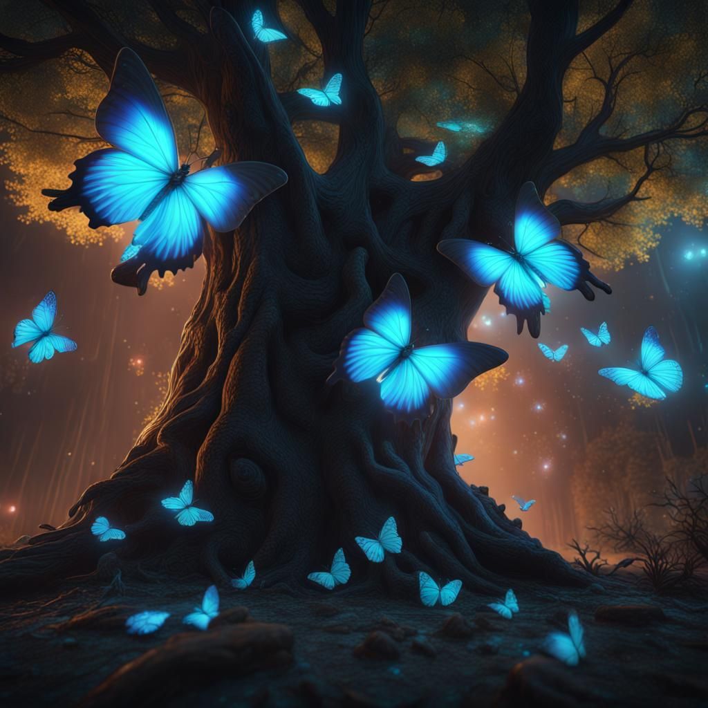 Bioluminescent Butterflies Around a Tree