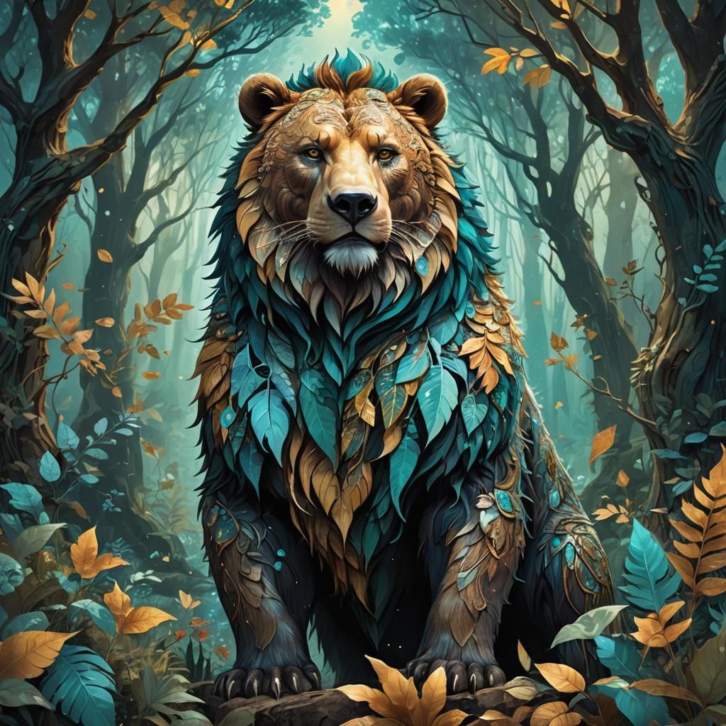 Mystical Forest: Bear-Lion Fusion in Fantasy Art