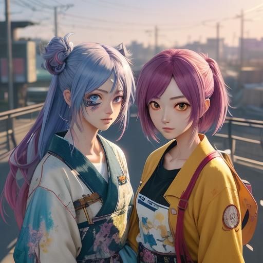 Anime Art: Children with Crutches in Vibrant 3D