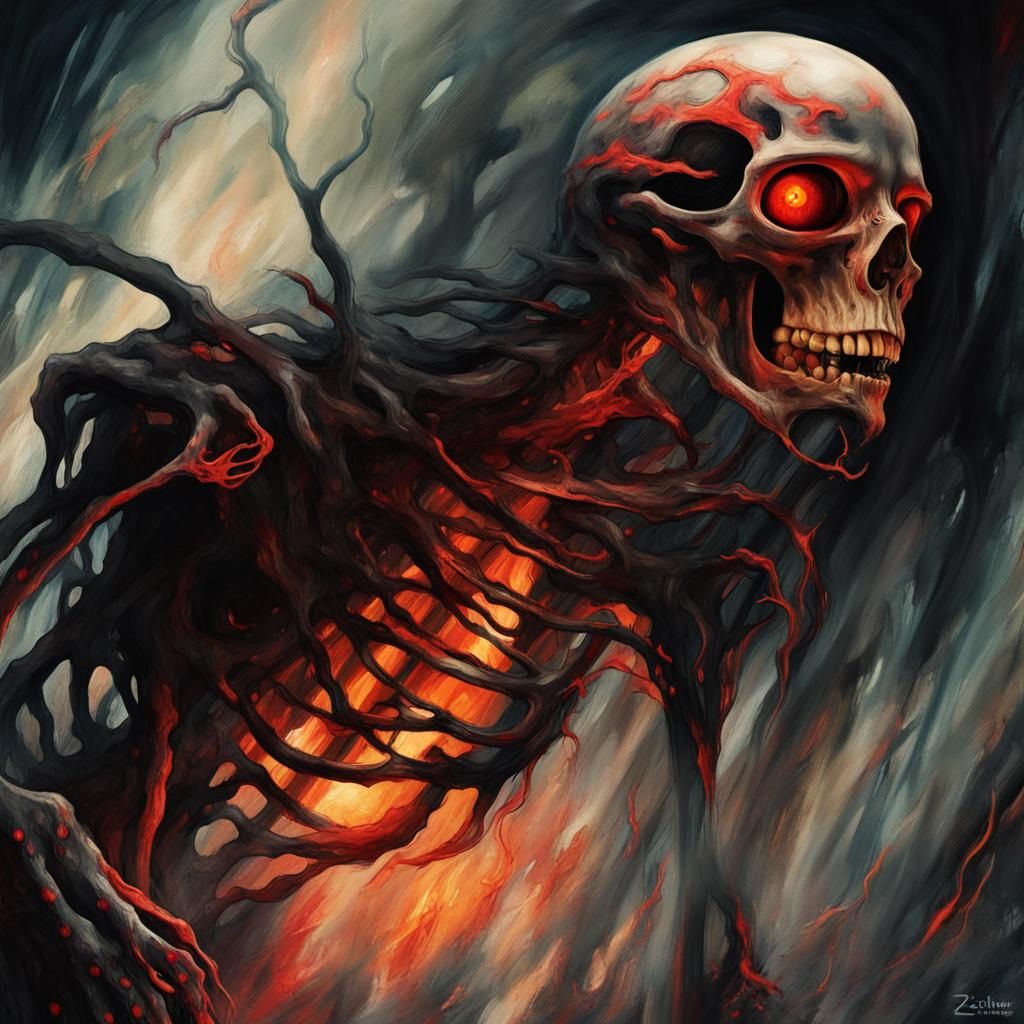 Terrifying Skeletal Creature Emerges in Fiery Surrealism