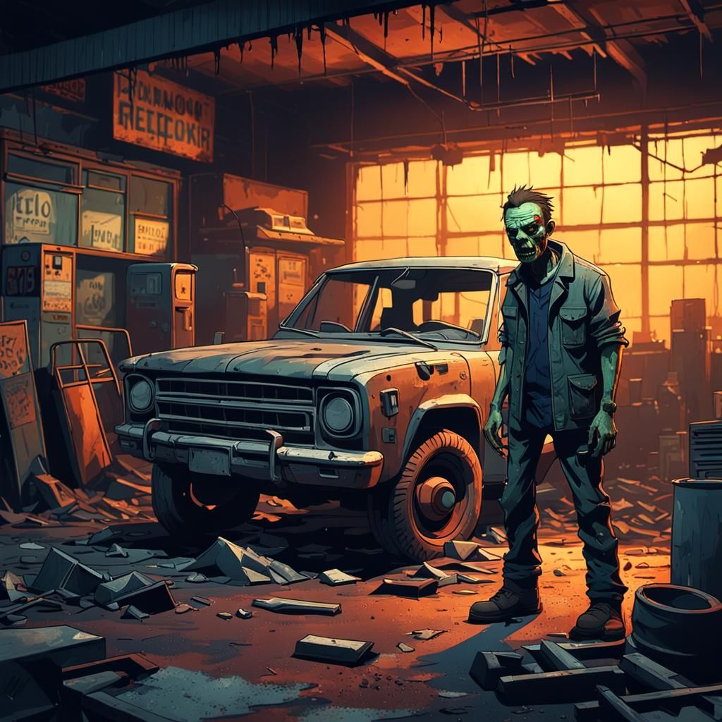 Zombie in Post-Apocalyptic Auto Repair Shop