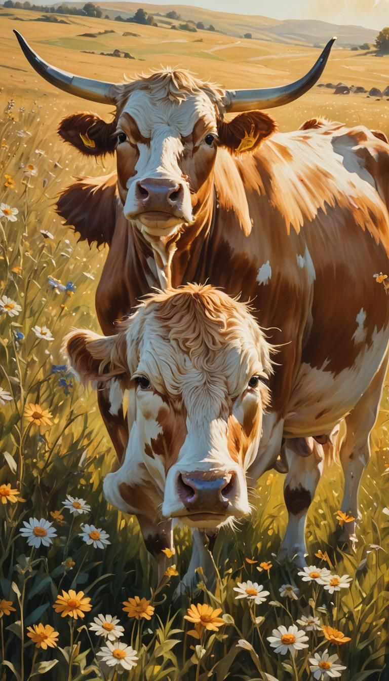 Golden Cow in Sunlit Field: An Impressionistic Oil Painting