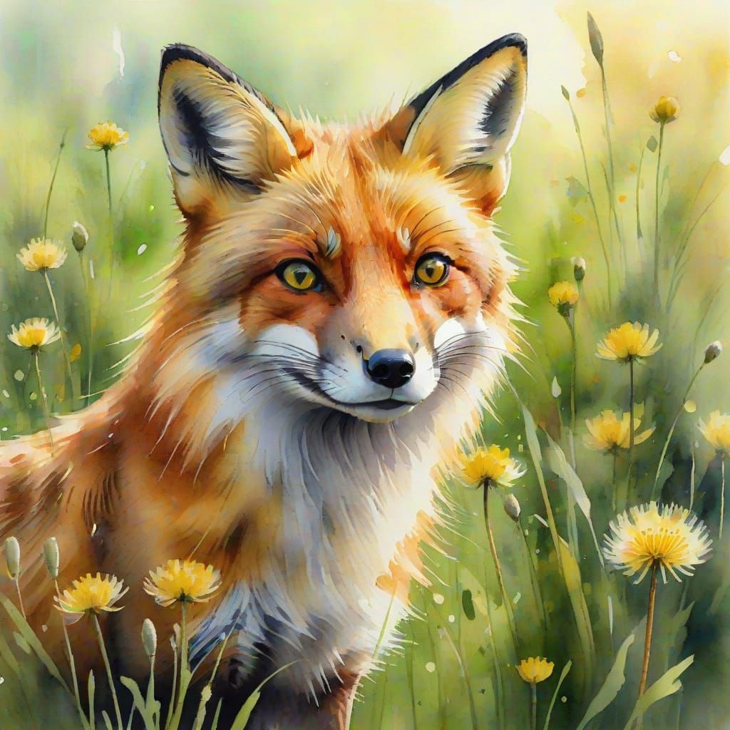 Red Fox in Dandelion Field Watercolor Painting