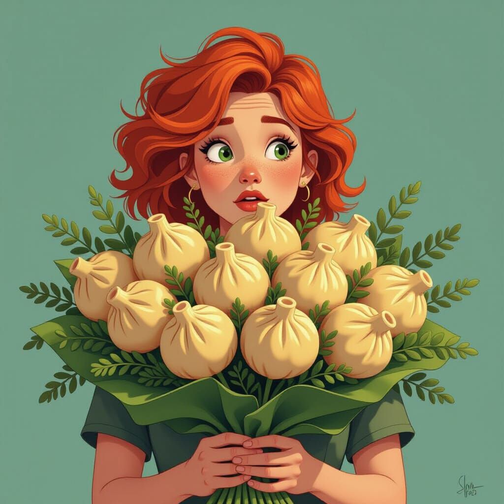 Cartoon Character Holding Bouquet of Varenyky